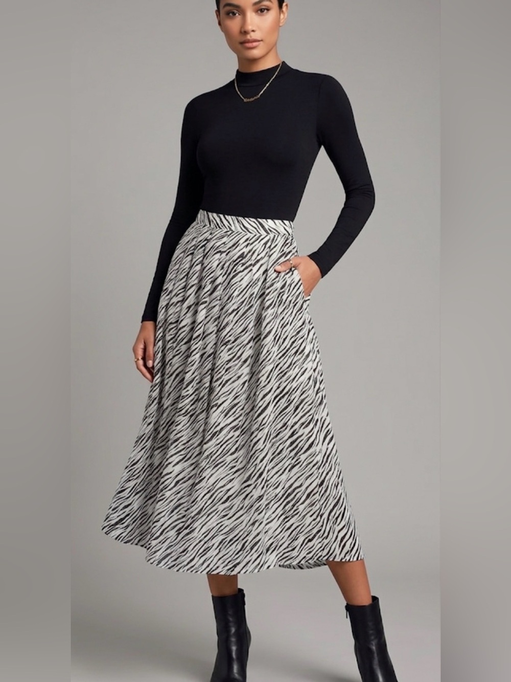 Who What Wear Black and White Zebra Pleated Midi Skirt